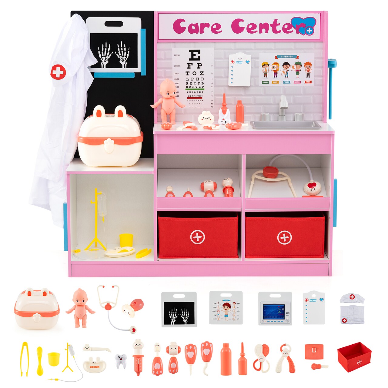 Kids Wooden Medical Center Playset Doctor’s Office Toy with 29 Accessories, ECG & X-Ray Station, Storage Drawers
